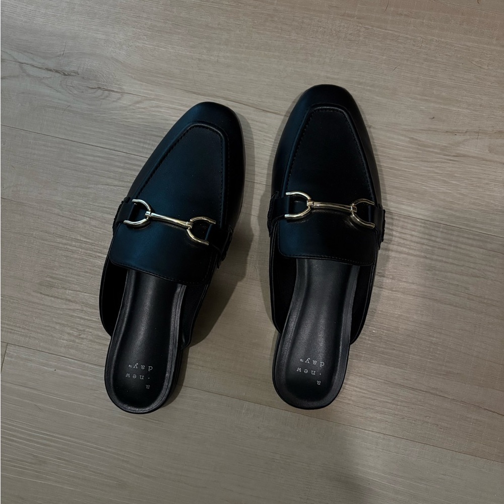 Black Leather Slip-On Horsebit Mules